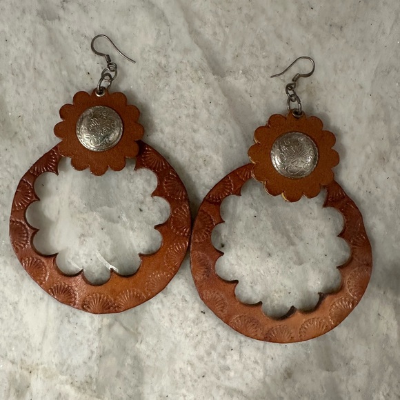 Handmade Tooled Leather Concho Earrings 
Size: - Picture 2 of 2